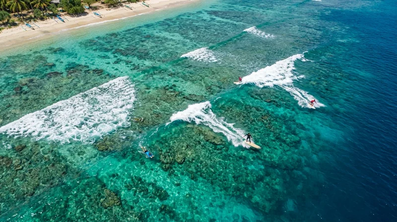 4K aerial drone view of coral reef bathymetry in Gerupuk Bay